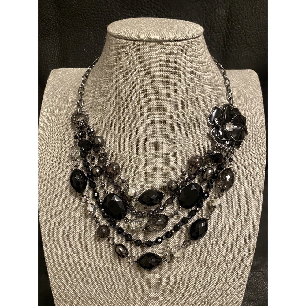 Vintage Necklace  Gothic Black Enamel Flower /Smokey Clear /Black Beads Sign NY